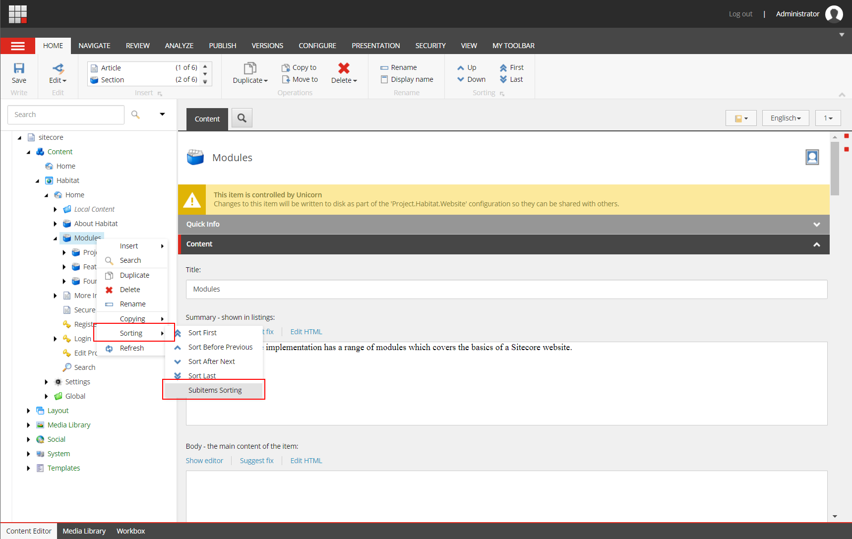 Open Subitems Sorting