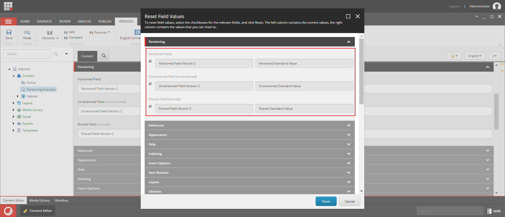 Reset Field Values Dialog