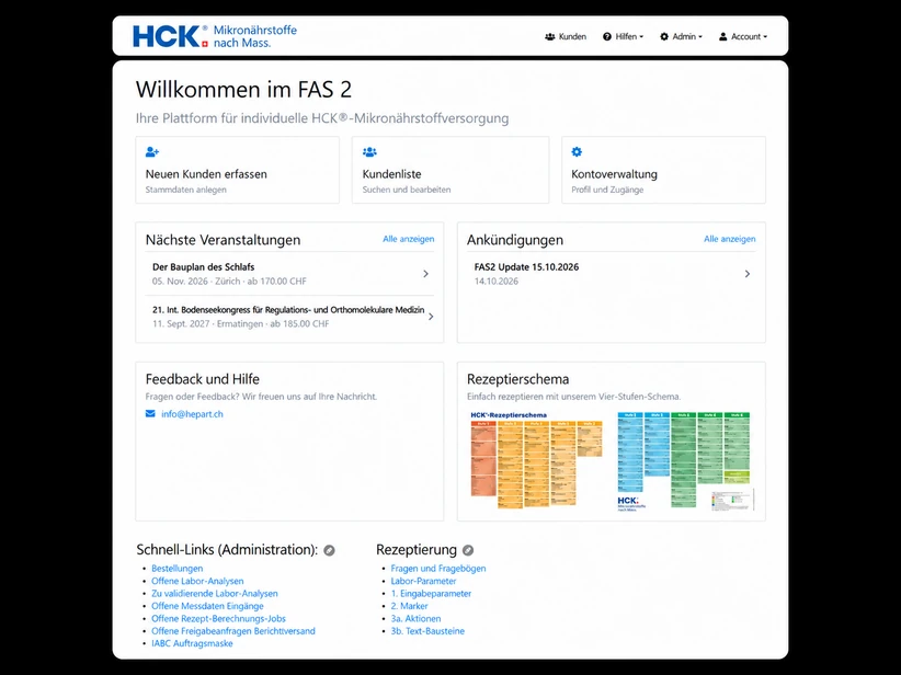 Startseite der Rezeptiersoftware FAS 2 mit kompakter HCK-Navigation